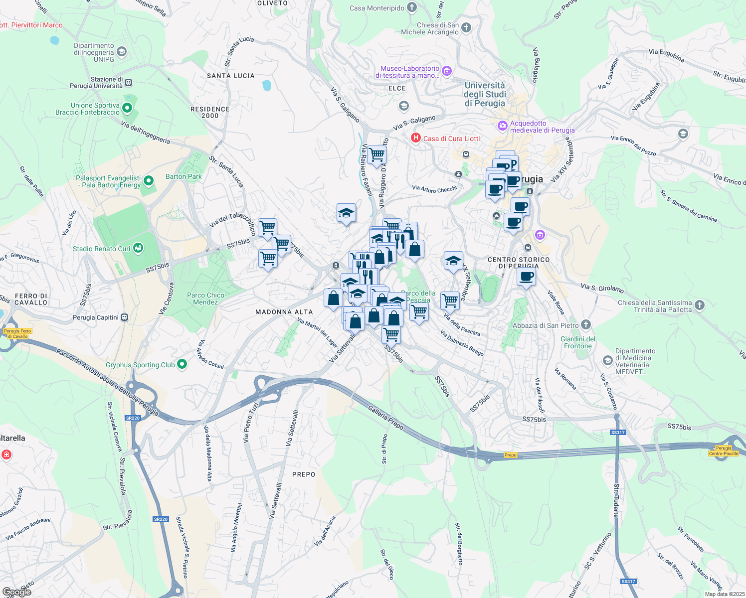 map of restaurants, bars, coffee shops, grocery stores, and more near 8 Via Luigi Canali in Perugia