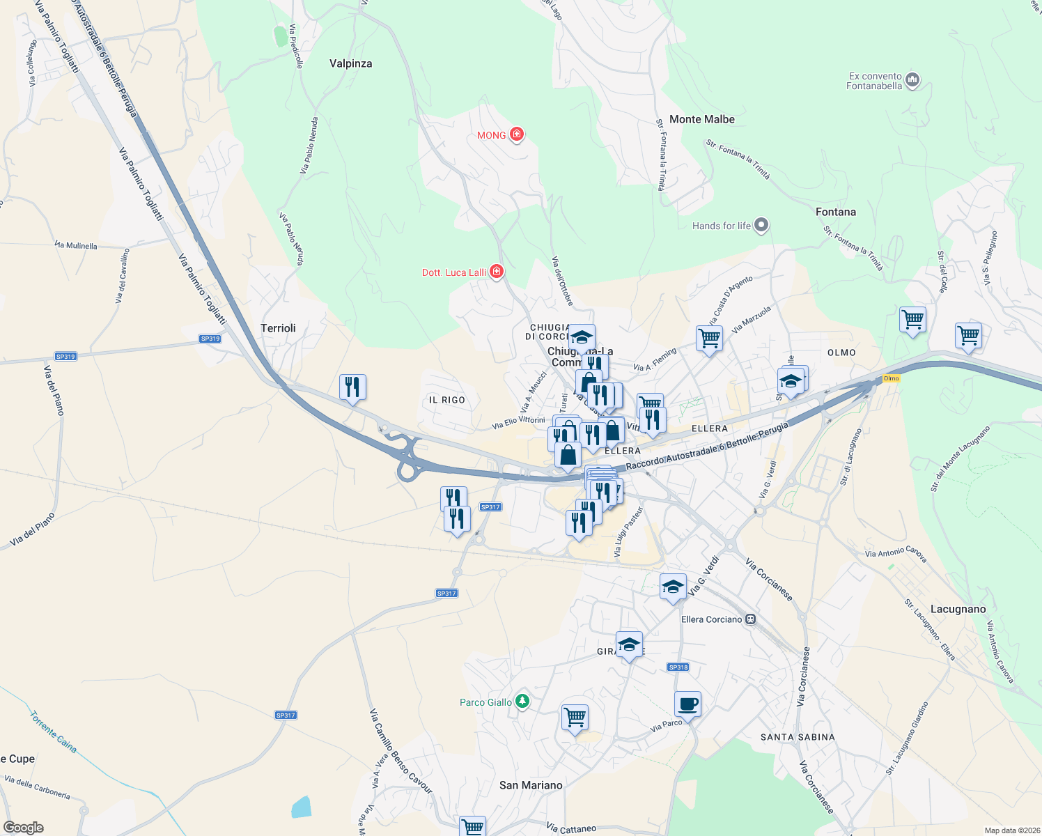 map of restaurants, bars, coffee shops, grocery stores, and more near 36 Via A. Meucci in Chiugiana