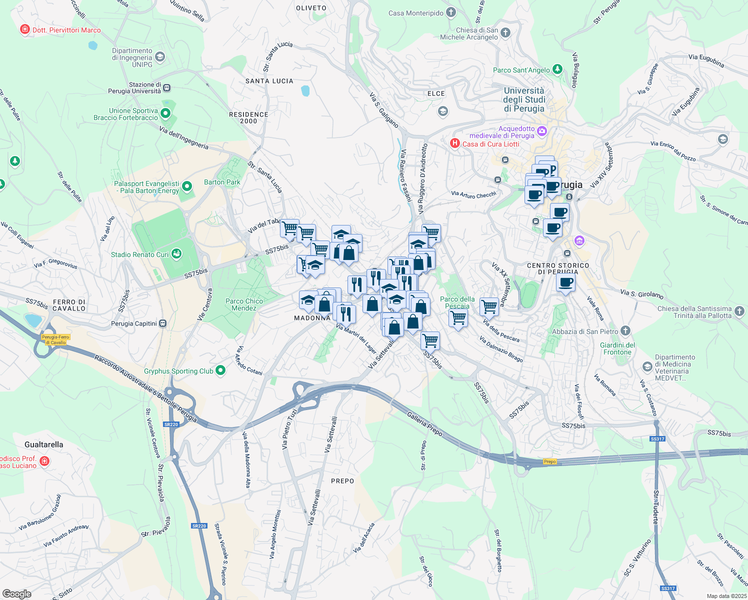 map of restaurants, bars, coffee shops, grocery stores, and more near 1 Via del Macello in Perugia