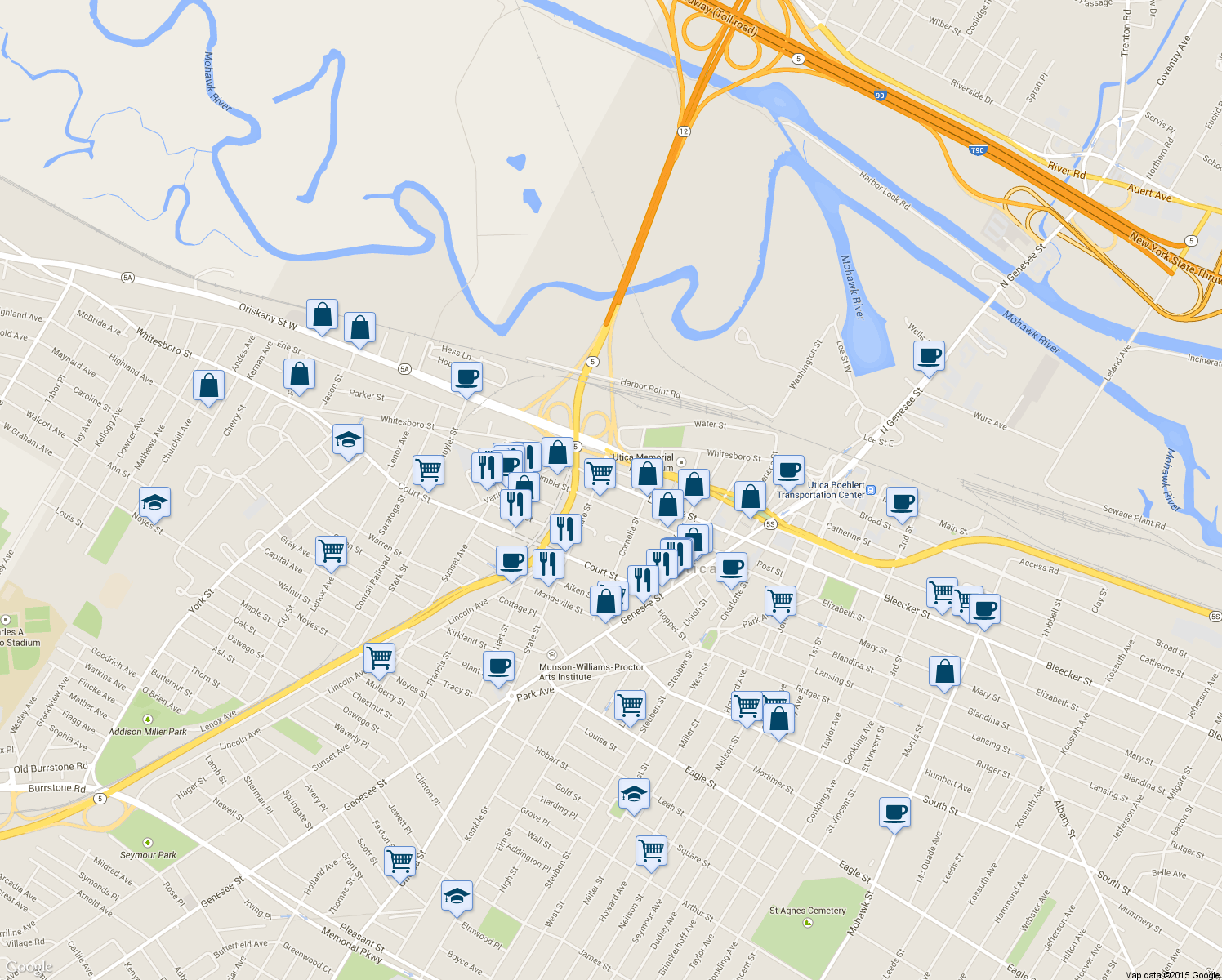 map of restaurants, bars, coffee shops, grocery stores, and more near 433 Lafayette St in Utica