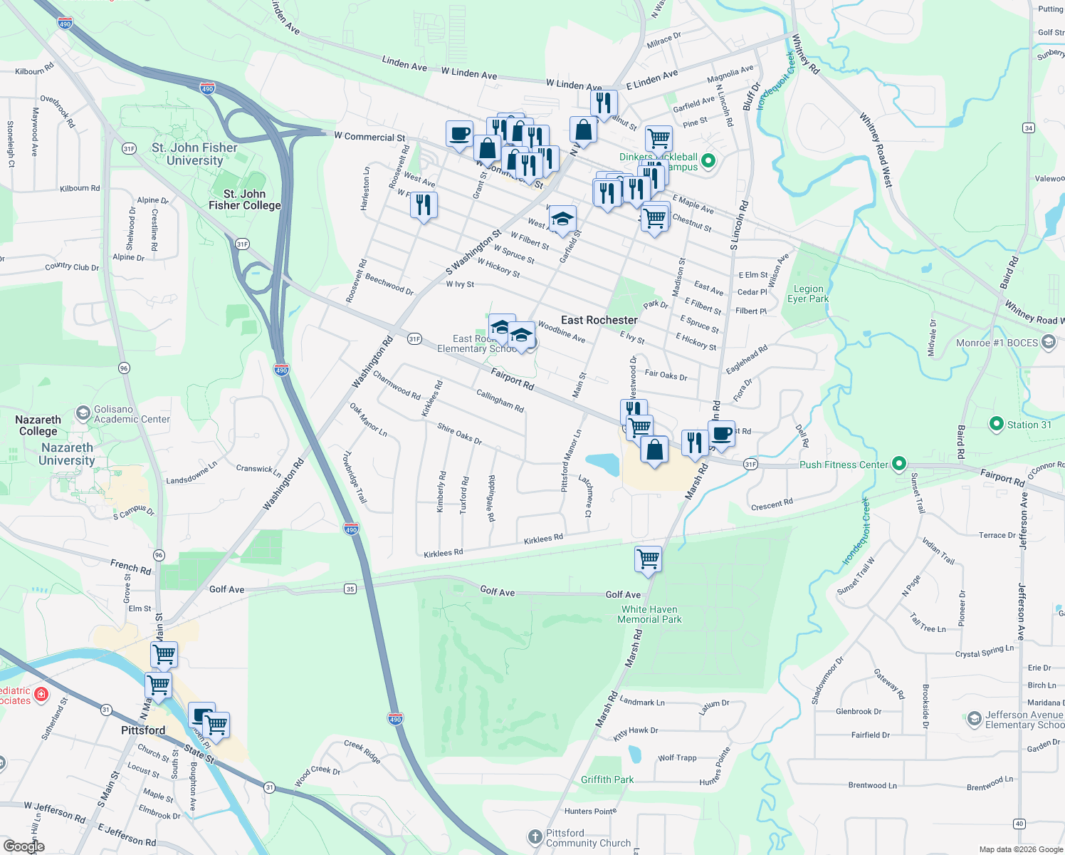 map of restaurants, bars, coffee shops, grocery stores, and more near 55 Callingham Road in Pittsford