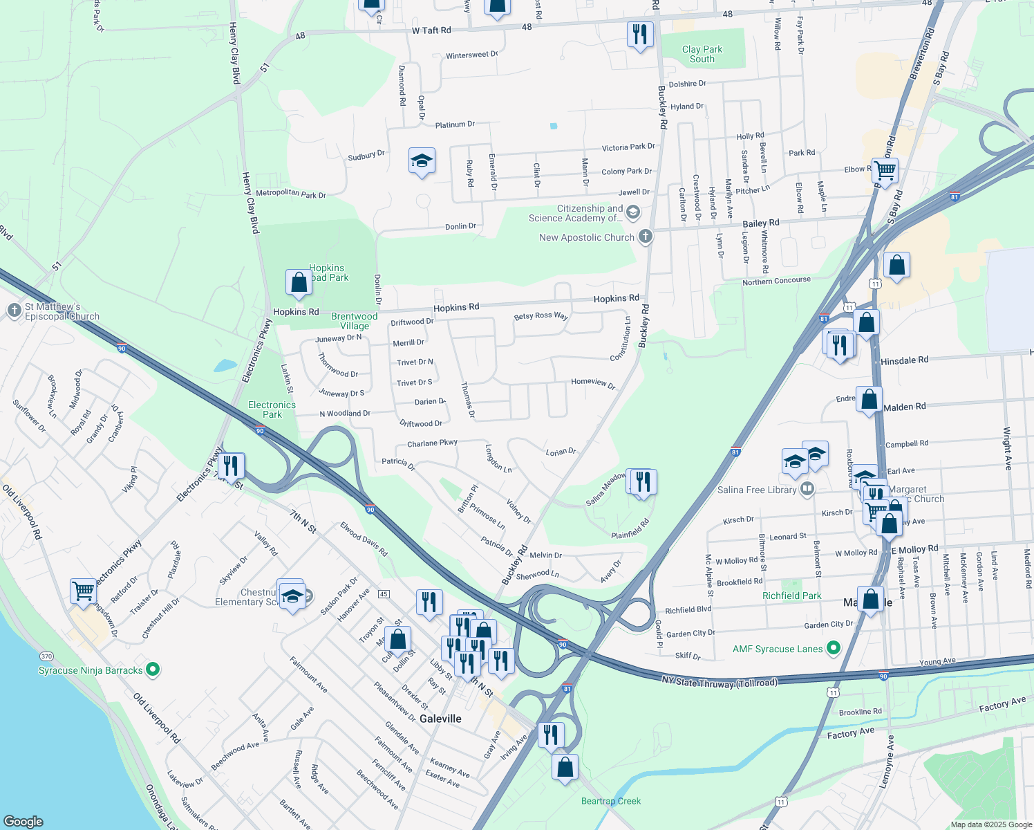 map of restaurants, bars, coffee shops, grocery stores, and more near 6880 Hearthstone Lane in Liverpool