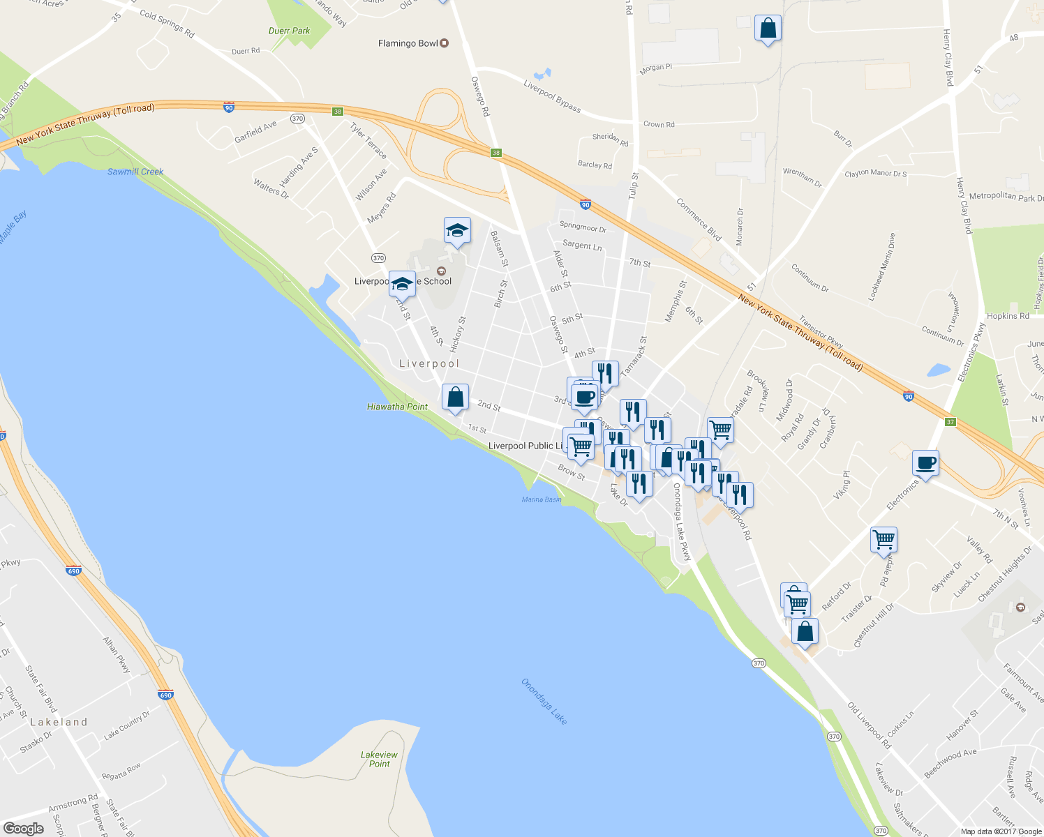 map of restaurants, bars, coffee shops, grocery stores, and more near 501 New York 370 in Liverpool