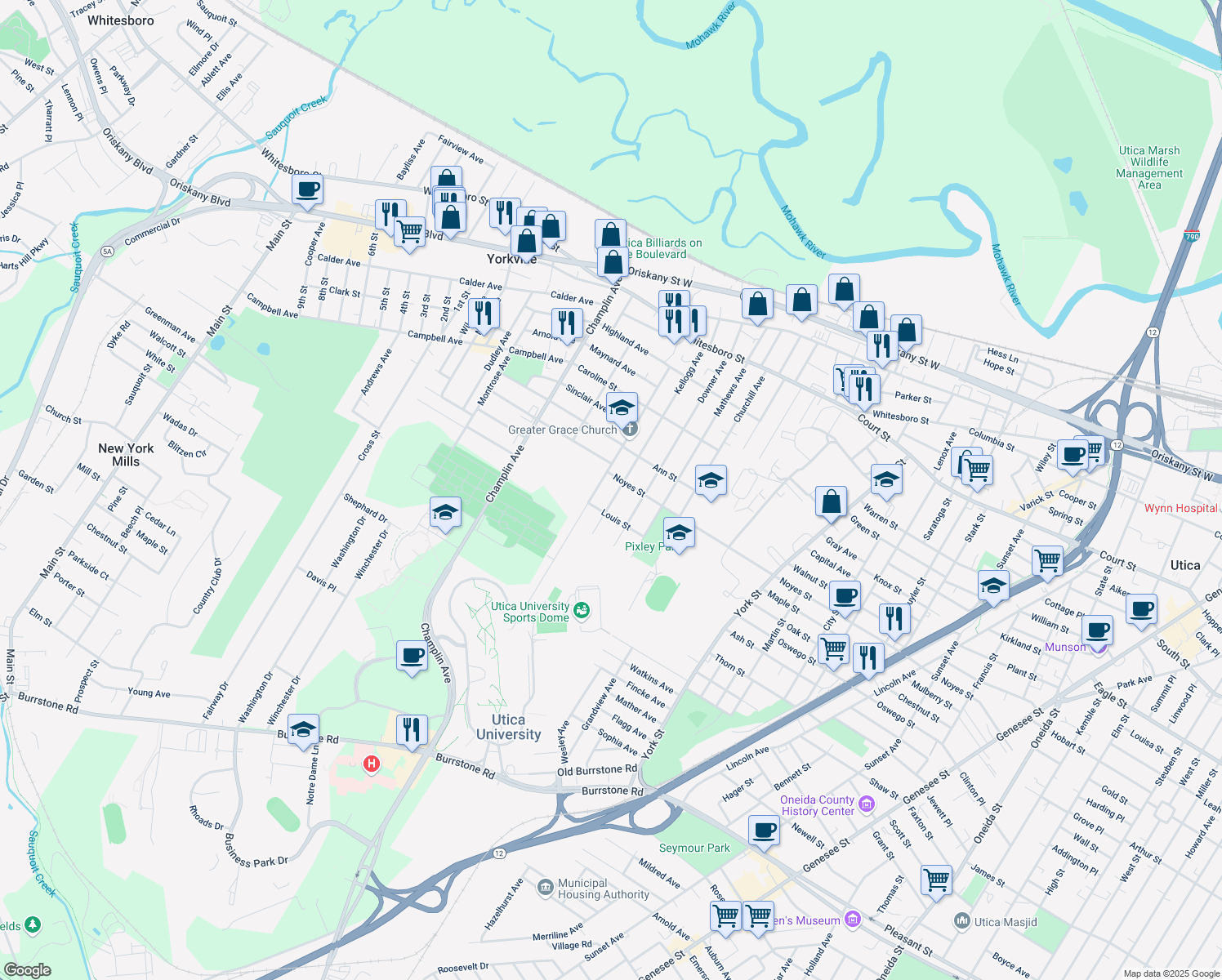 map of restaurants, bars, coffee shops, grocery stores, and more near 1304 Kellogg Ave in Utica