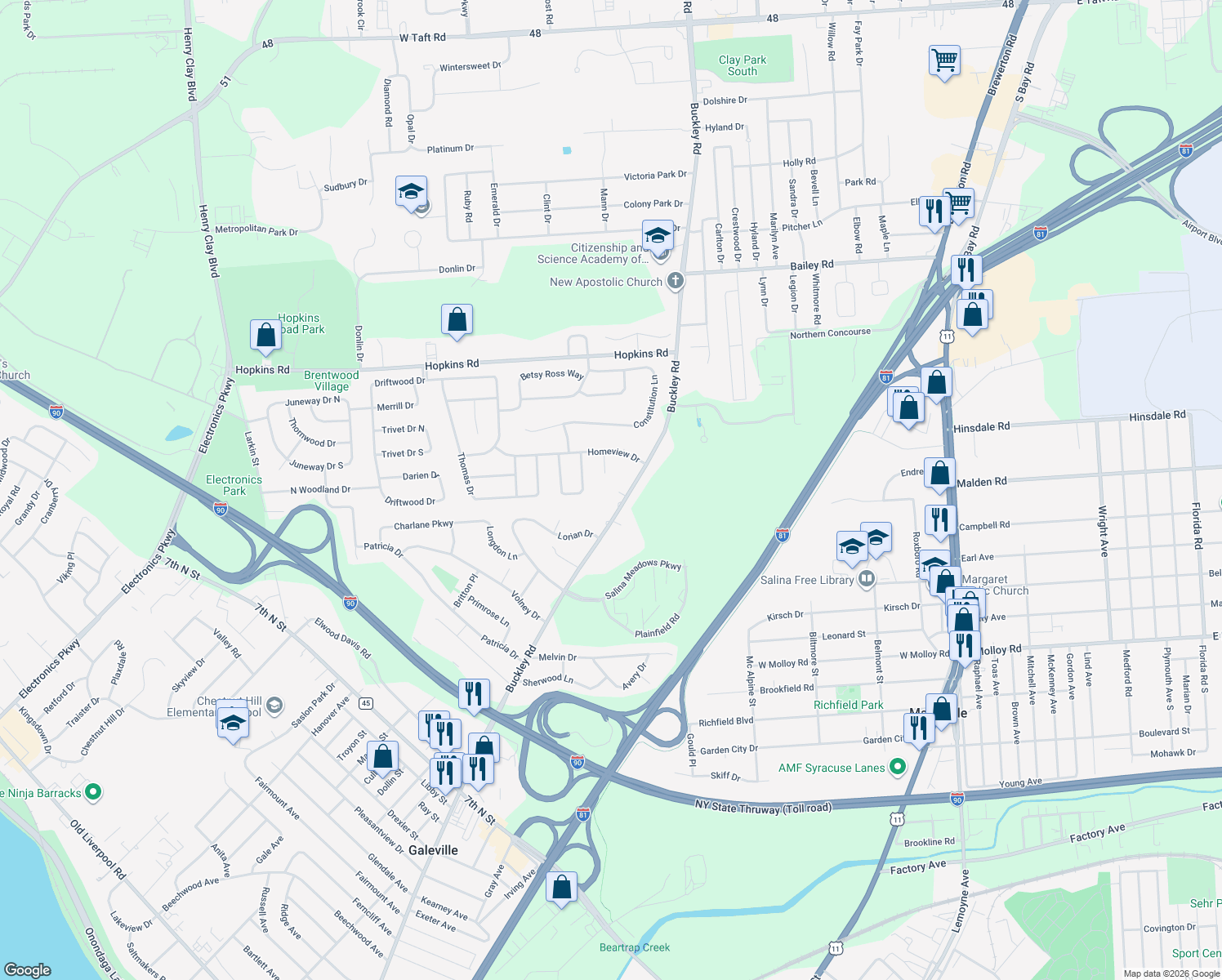 map of restaurants, bars, coffee shops, grocery stores, and more near 6891 Buckley Rd in Syracuse