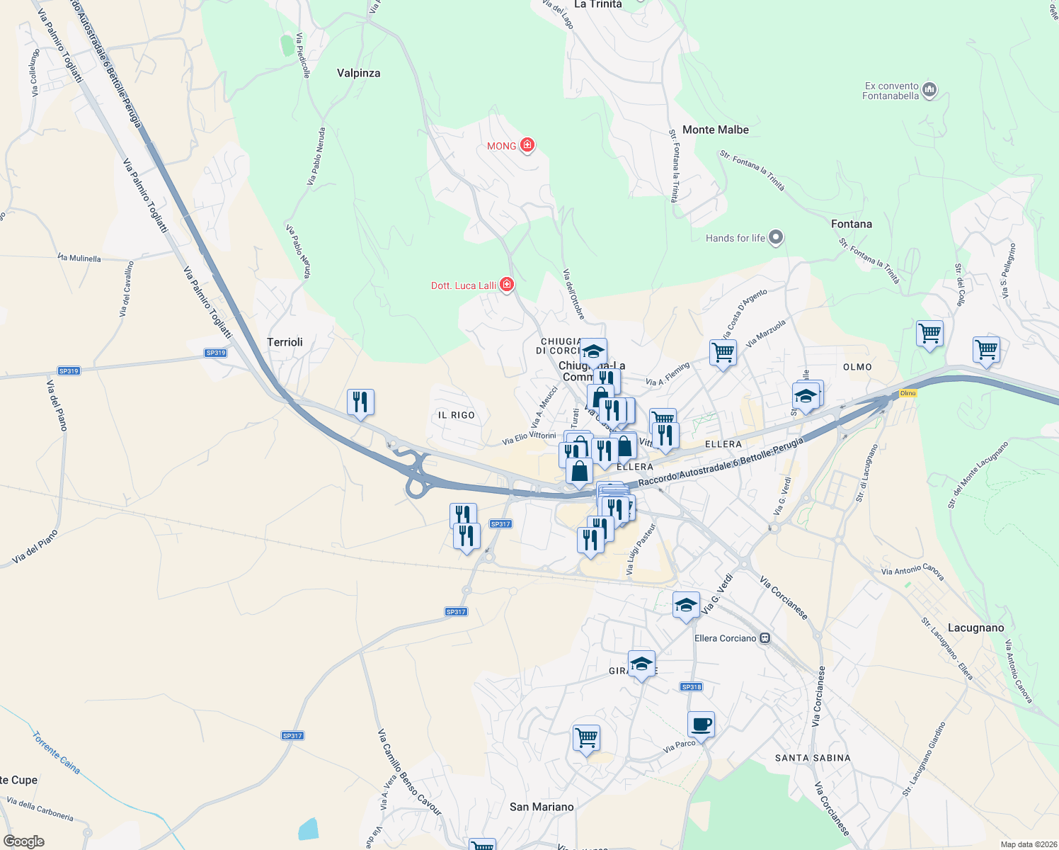 map of restaurants, bars, coffee shops, grocery stores, and more near 36 Via A. Meucci in Chiugiana
