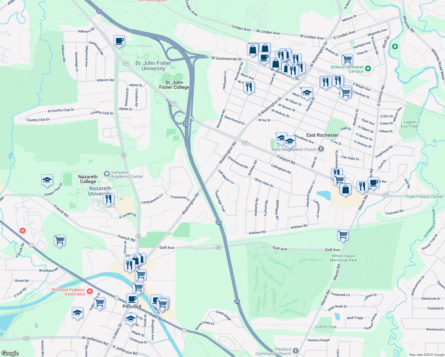 map of restaurants, bars, coffee shops, grocery stores, and more near 2 Oak Manor Lane in Pittsford