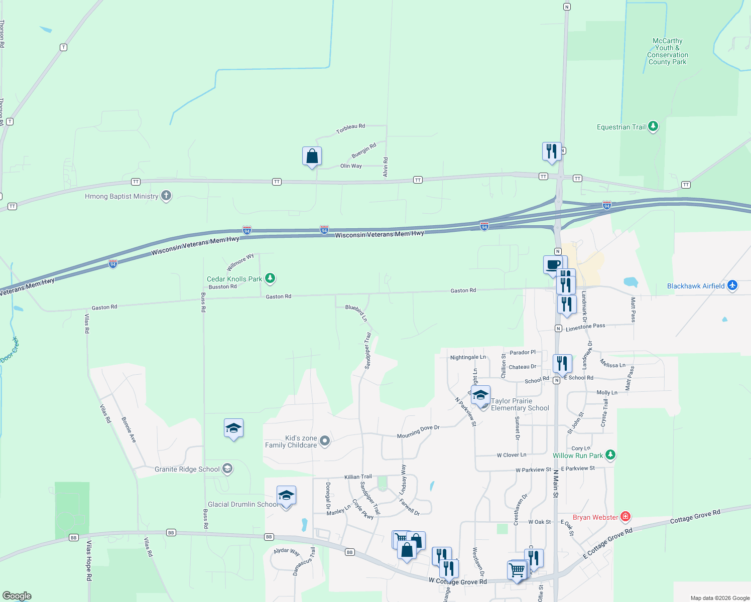 map of restaurants, bars, coffee shops, grocery stores, and more near 4674 Raven Way in Cottage Grove