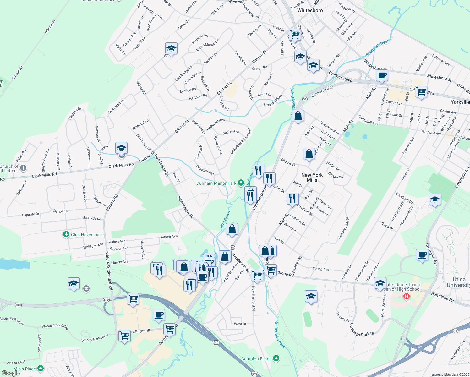 map of restaurants, bars, coffee shops, grocery stores, and more near 63 Hollywood Dr in Whitesboro