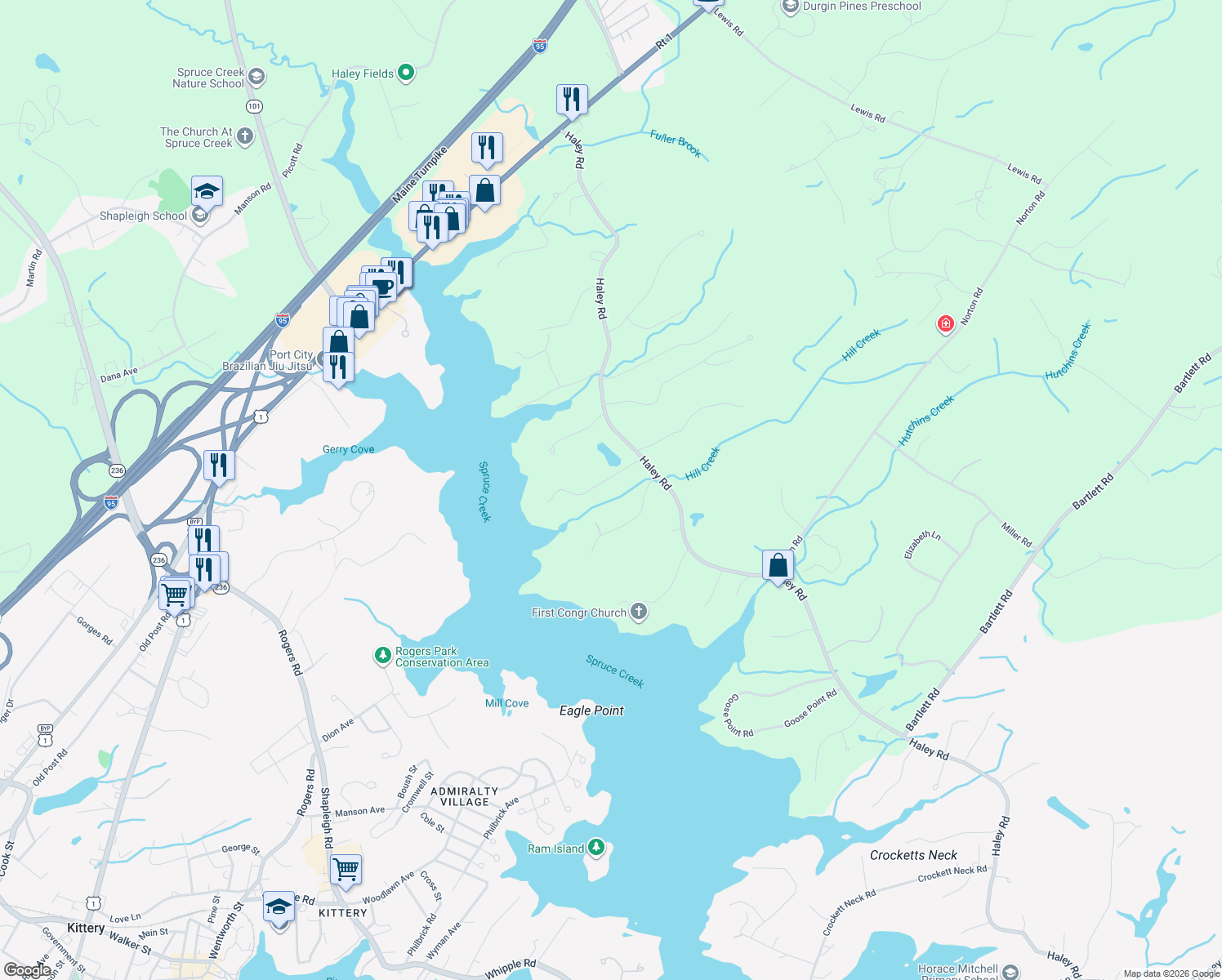 map of restaurants, bars, coffee shops, grocery stores, and more near 7 Hartley Farm Lane in Kittery