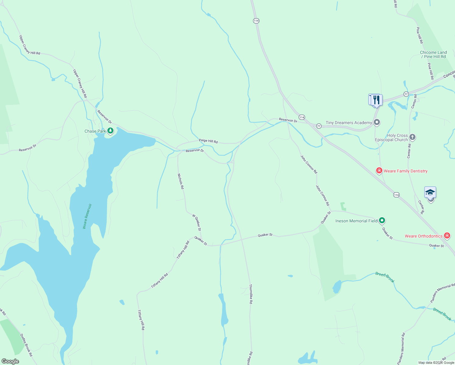 map of restaurants, bars, coffee shops, grocery stores, and more near 383 Thorndike Road in Weare