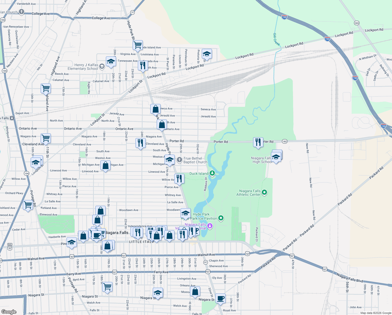 map of restaurants, bars, coffee shops, grocery stores, and more near 2962 Weston Avenue in Niagara Falls