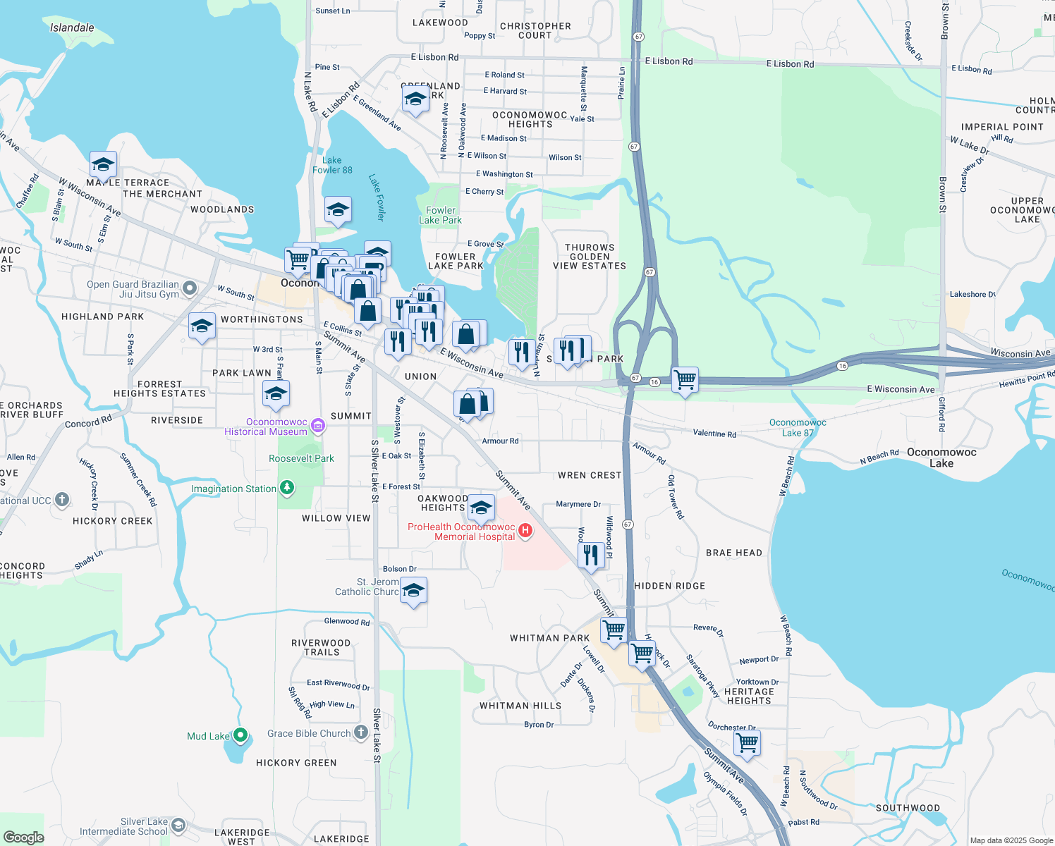 map of restaurants, bars, coffee shops, grocery stores, and more near 440 South Lapham Street in Oconomowoc