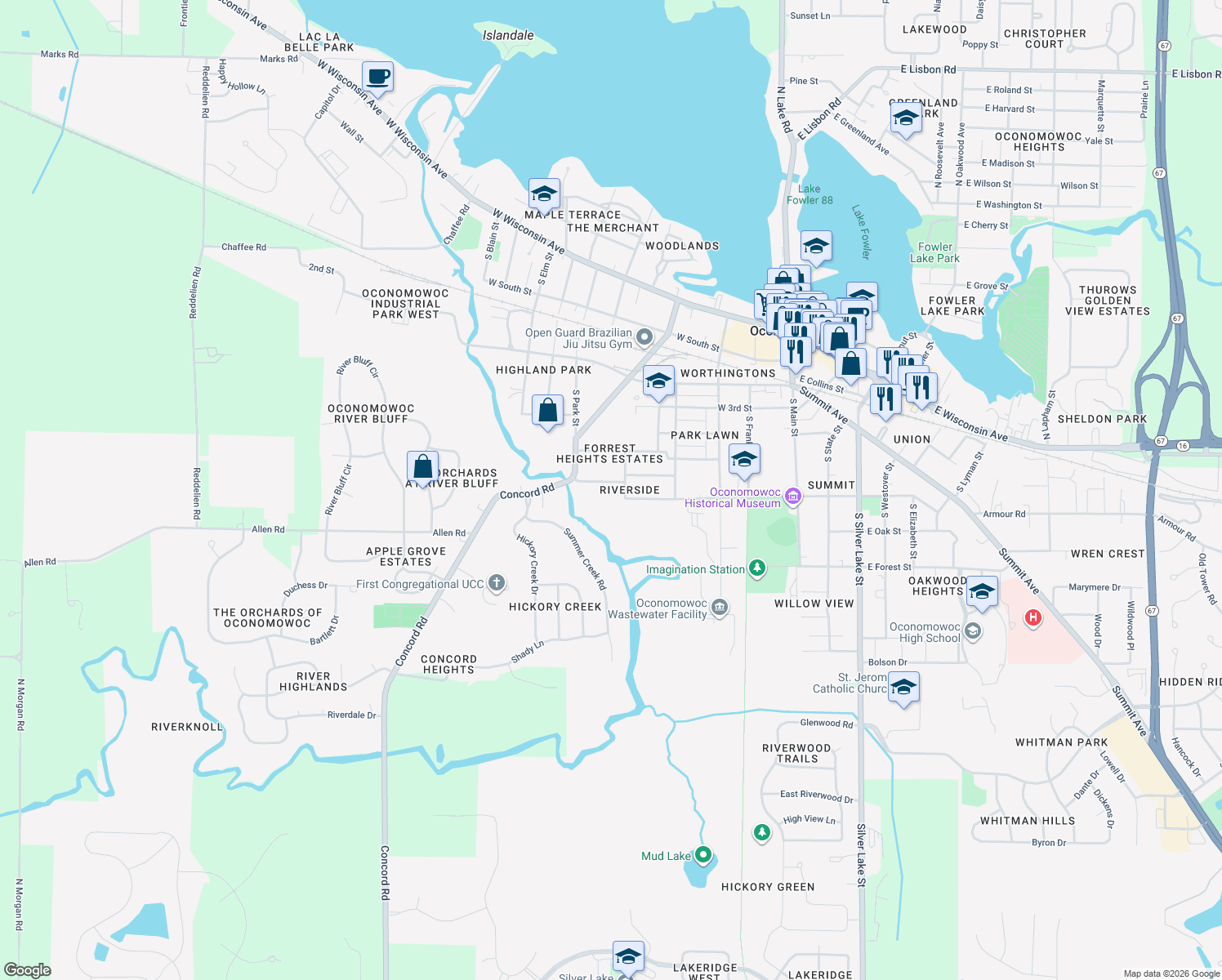 map of restaurants, bars, coffee shops, grocery stores, and more near 517 W Lincoln St in Oconomowoc