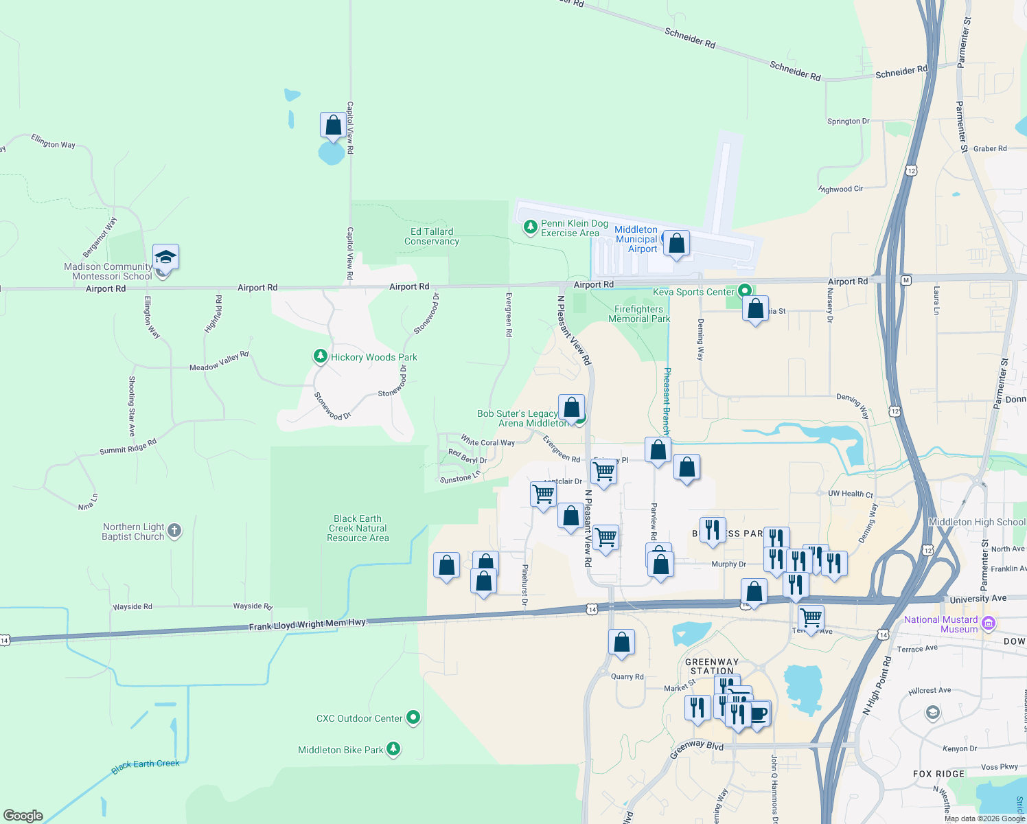 map of restaurants, bars, coffee shops, grocery stores, and more near 7119 Twin Sunset Road in Middleton