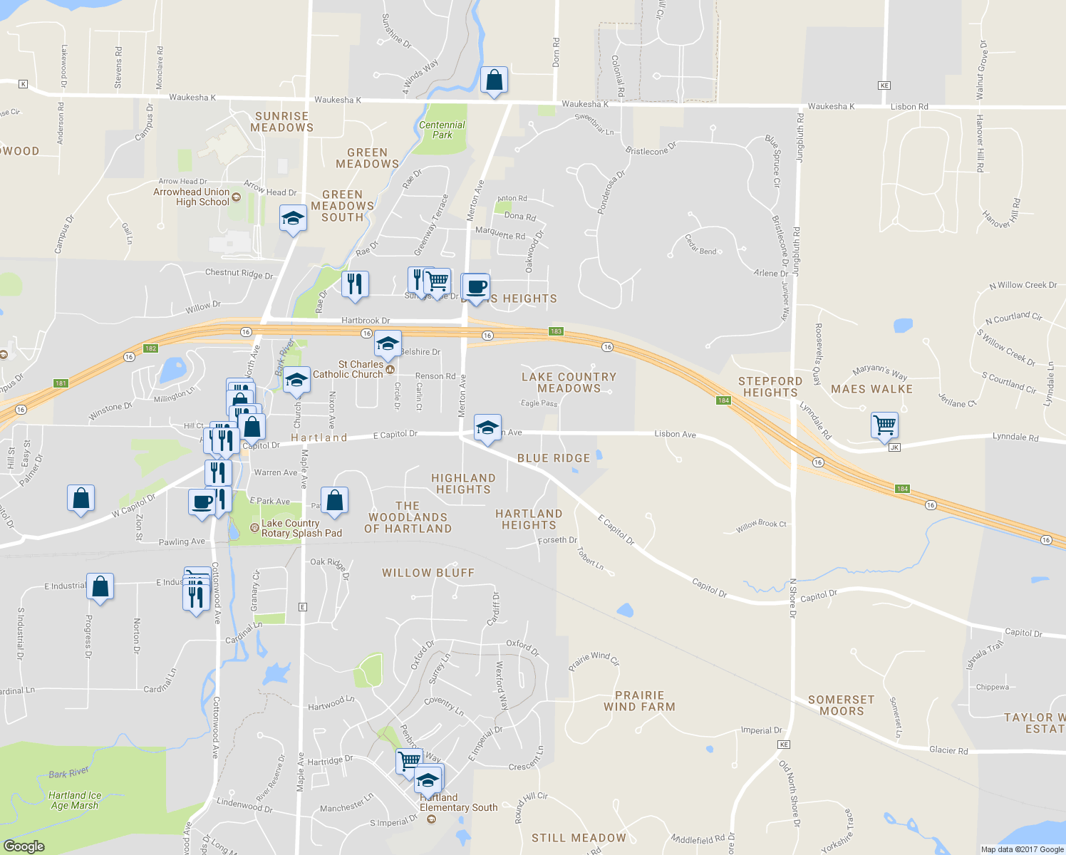 map of restaurants, bars, coffee shops, grocery stores, and more near 1210 Lisbon Avenue in Hartland