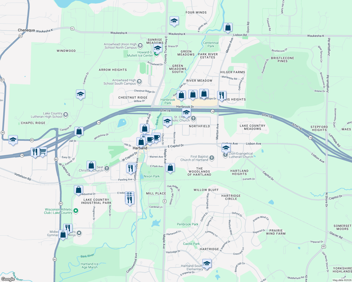 map of restaurants, bars, coffee shops, grocery stores, and more near 120 Nixon Avenue in Hartland