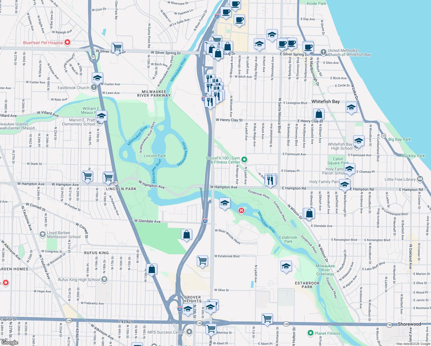 map of restaurants, bars, coffee shops, grocery stores, and more near 4866 North Port Washington Road in Milwaukee