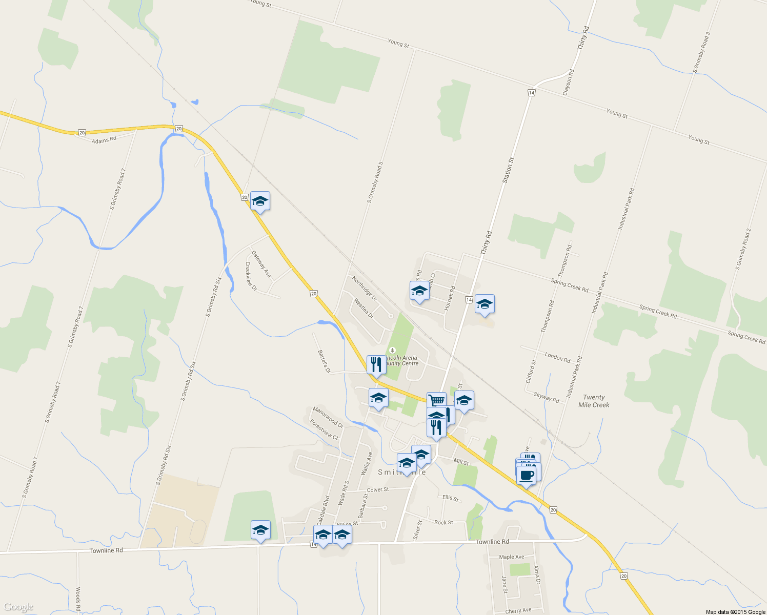 map of restaurants, bars, coffee shops, grocery stores, and more near 73 Northridge Drive in Smithville