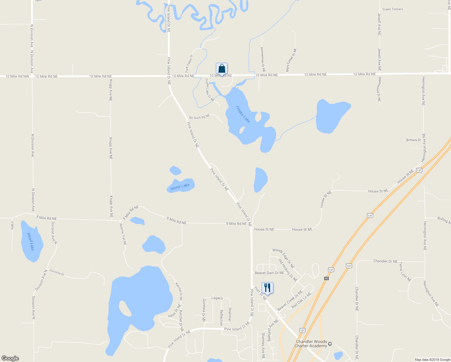 map of restaurants, bars, coffee shops, grocery stores, and more near 7989 Pine Island Court Northeast in Plainfield charter Township