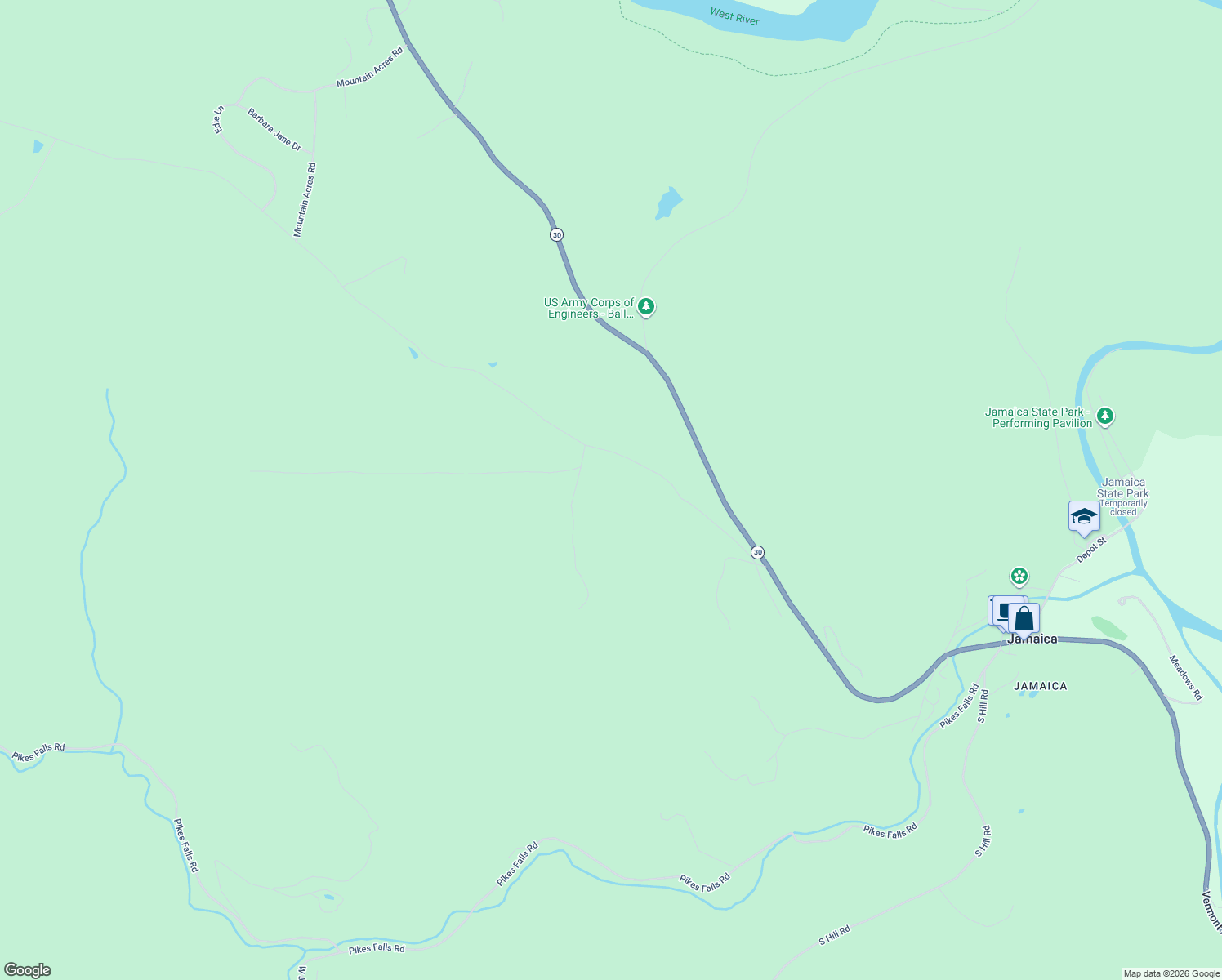 map of restaurants, bars, coffee shops, grocery stores, and more near 4594 West Hill Road South in Jamaica