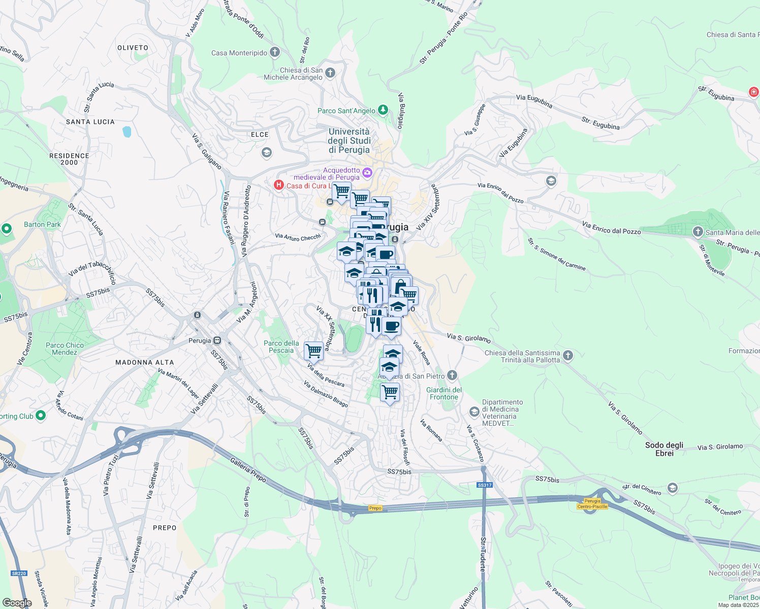map of restaurants, bars, coffee shops, grocery stores, and more near Via dei Filosofi in Perugia