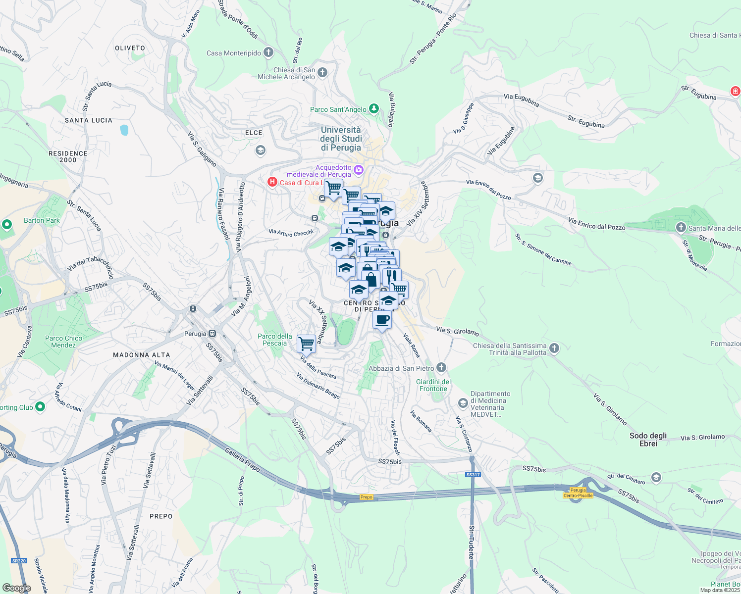 map of restaurants, bars, coffee shops, grocery stores, and more near 5 Via Fiume in Perugia