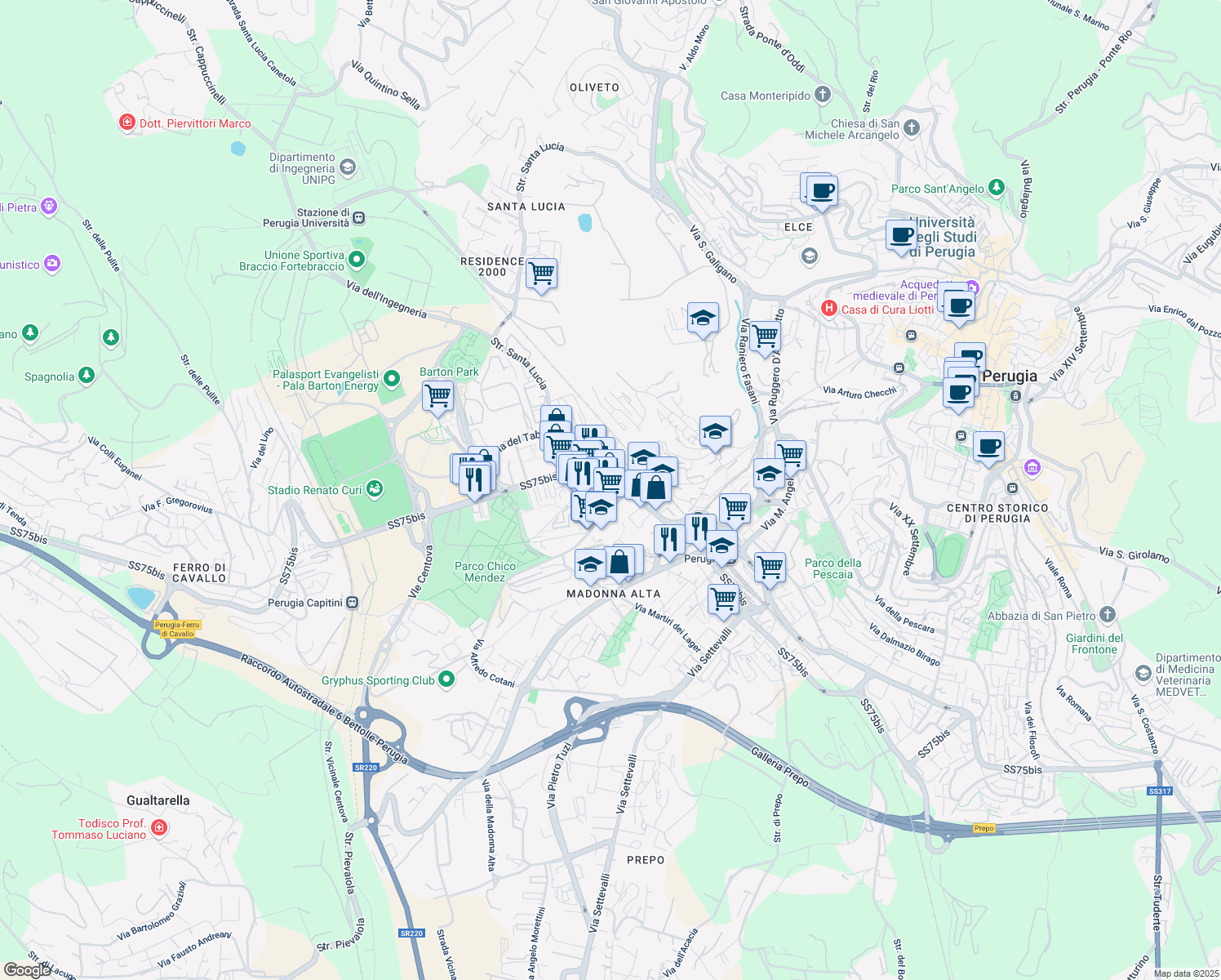 map of restaurants, bars, coffee shops, grocery stores, and more near 110 Via Romeo Gallenga in Perugia