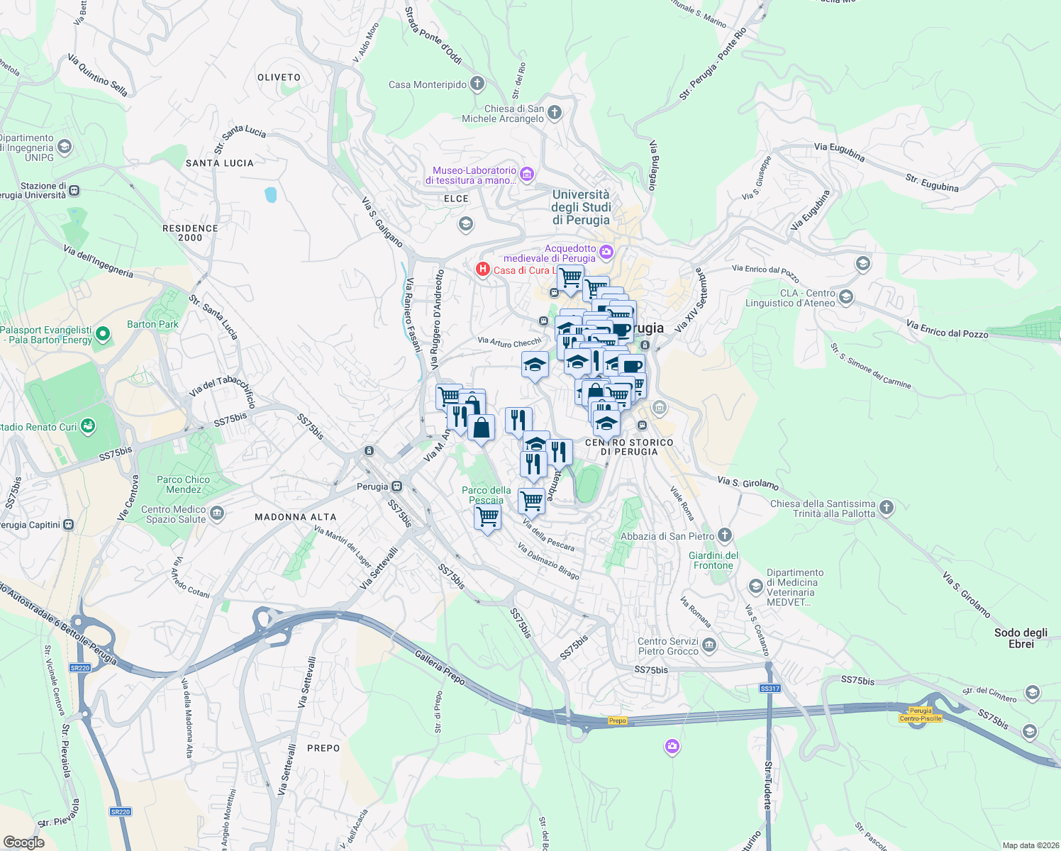 map of restaurants, bars, coffee shops, grocery stores, and more near Via Quieta in Perugia
