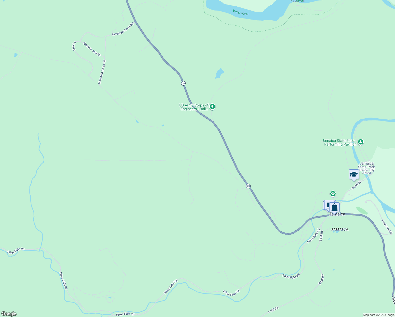 map of restaurants, bars, coffee shops, grocery stores, and more near 4594 West Hill Road South in Jamaica
