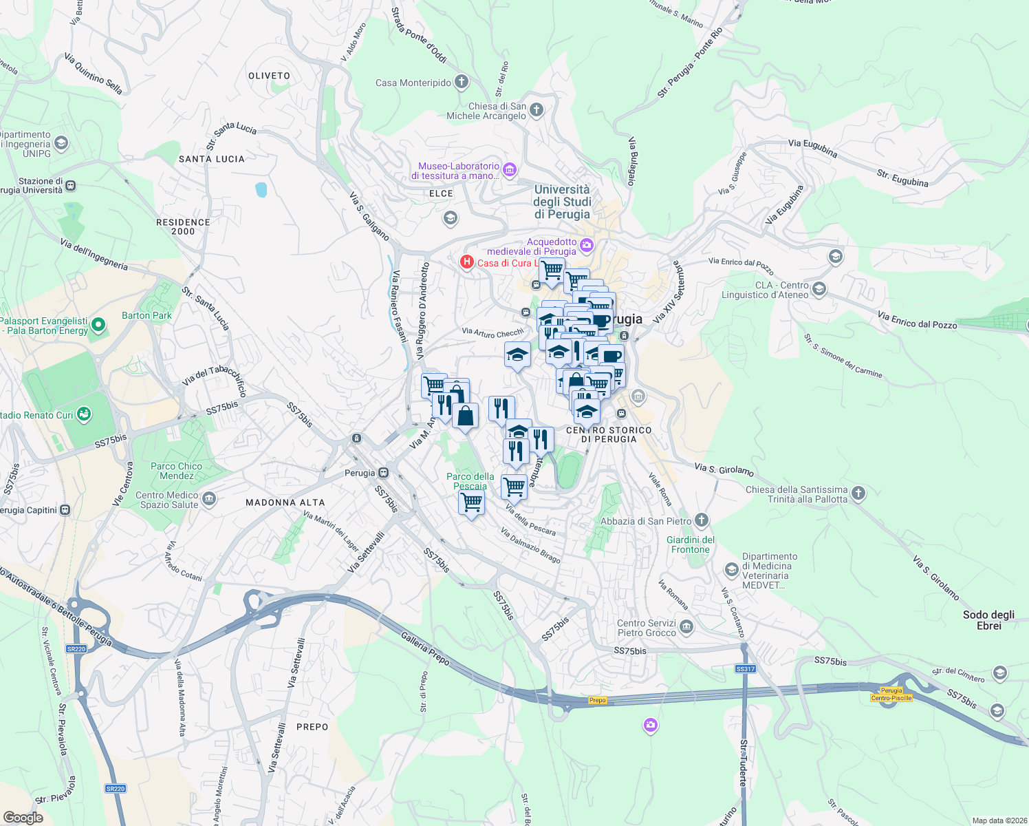 map of restaurants, bars, coffee shops, grocery stores, and more near Via Quieta in Perugia
