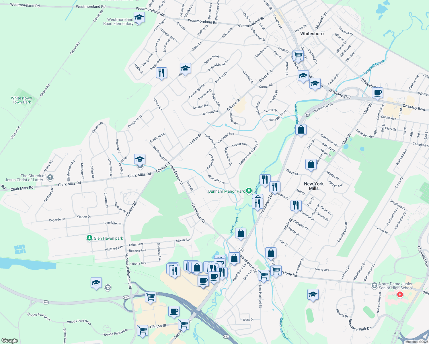 map of restaurants, bars, coffee shops, grocery stores, and more near 8 Buttonball Rd in Whitesboro