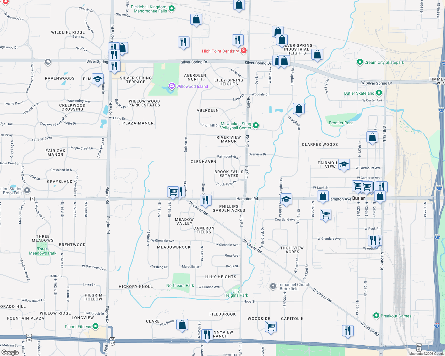 map of restaurants, bars, coffee shops, grocery stores, and more near W142N4910 Golden Fields Drive in Menomonee Falls