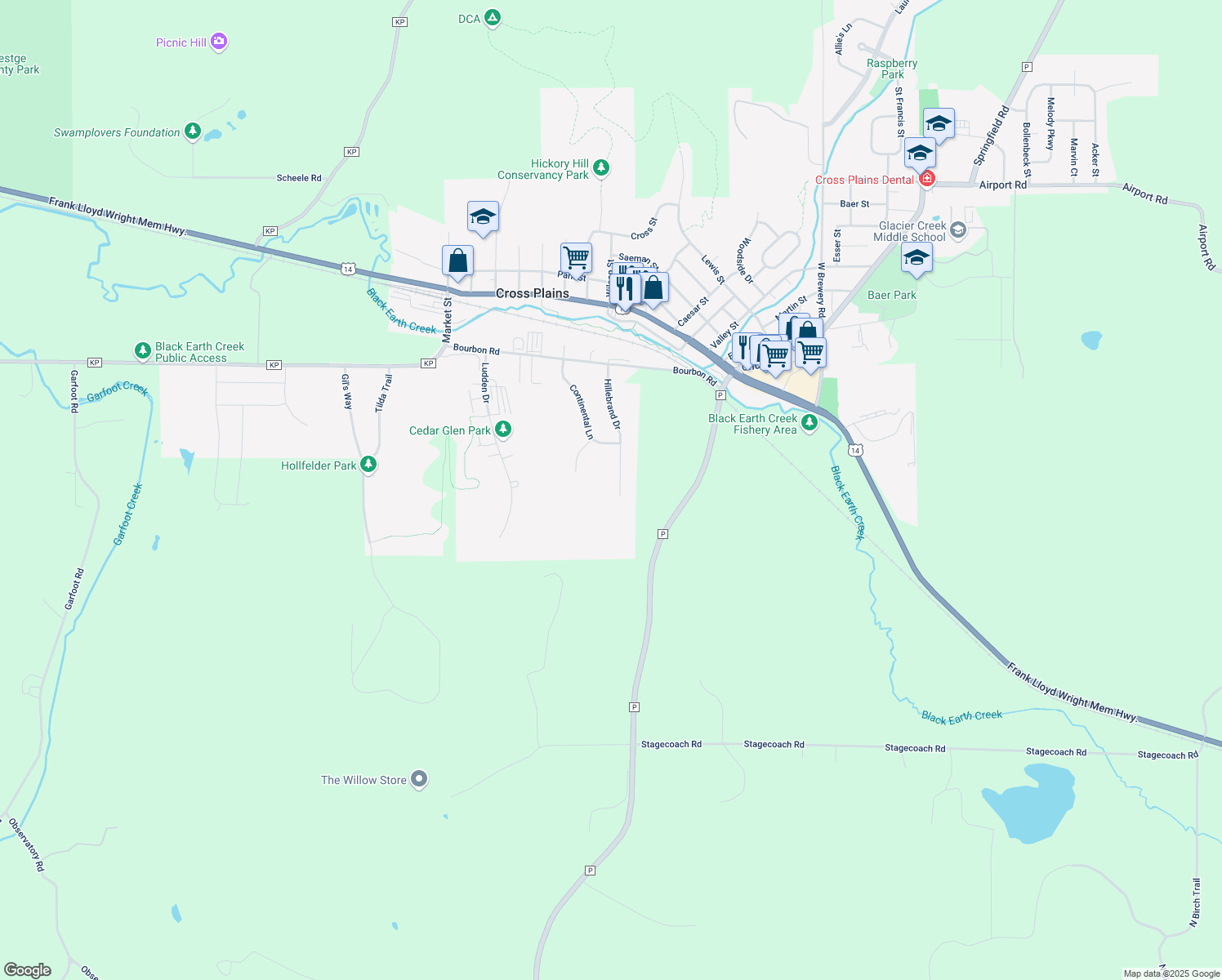 map of restaurants, bars, coffee shops, grocery stores, and more near 2163 Hillebrand Dr in Cross Plains