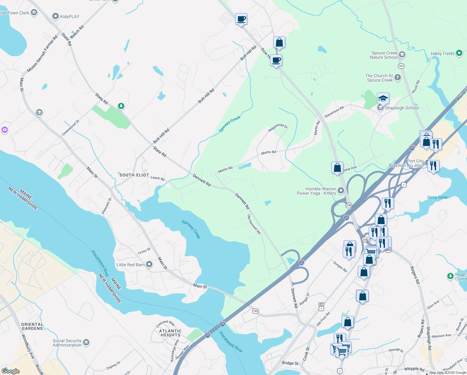 map of restaurants, bars, coffee shops, grocery stores, and more near 132 Dennett Rd in Kittery