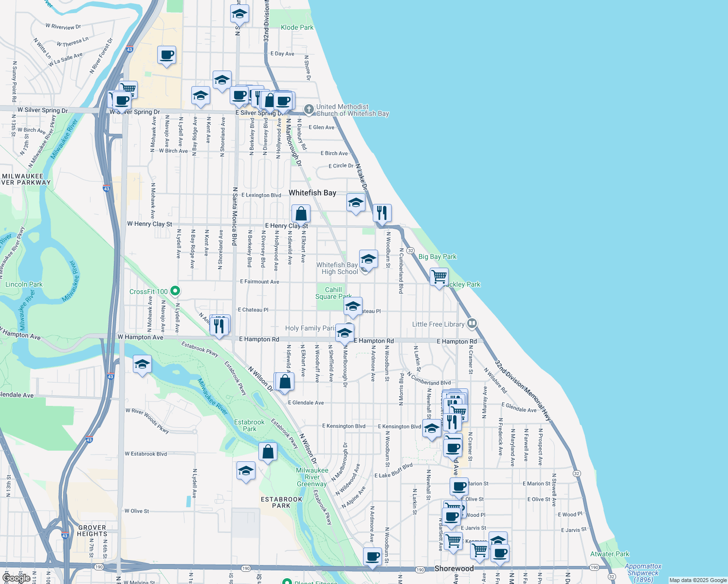 map of restaurants, bars, coffee shops, grocery stores, and more near 4954 North Wildwood Avenue in Whitefish Bay