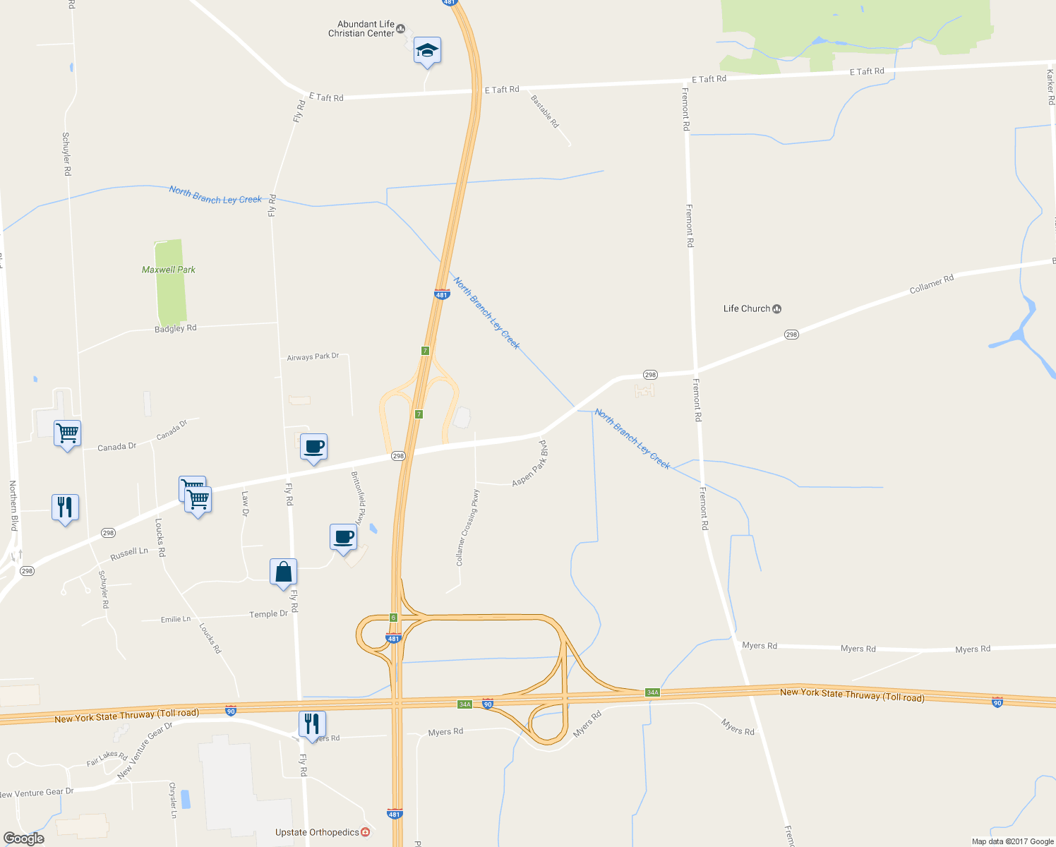 map of restaurants, bars, coffee shops, grocery stores, and more near 6889 Collamer Road in East Syracuse