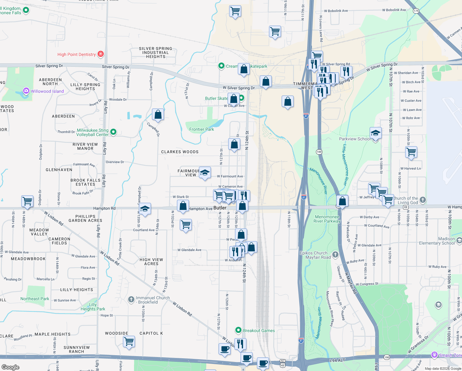 map of restaurants, bars, coffee shops, grocery stores, and more near 4952 North 126th Street in Butler