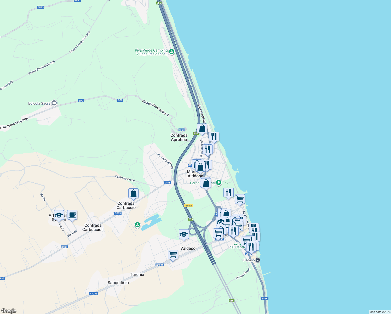 map of restaurants, bars, coffee shops, grocery stores, and more near 43 Via Michelangelo in Marina di Altidona
