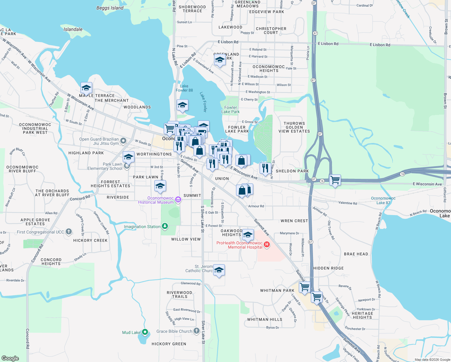 map of restaurants, bars, coffee shops, grocery stores, and more near 454 South Wood Street in Oconomowoc
