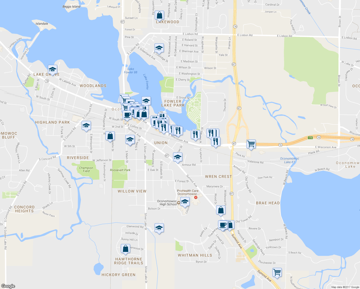 map of restaurants, bars, coffee shops, grocery stores, and more near 422 S Lyman St in Oconomowoc