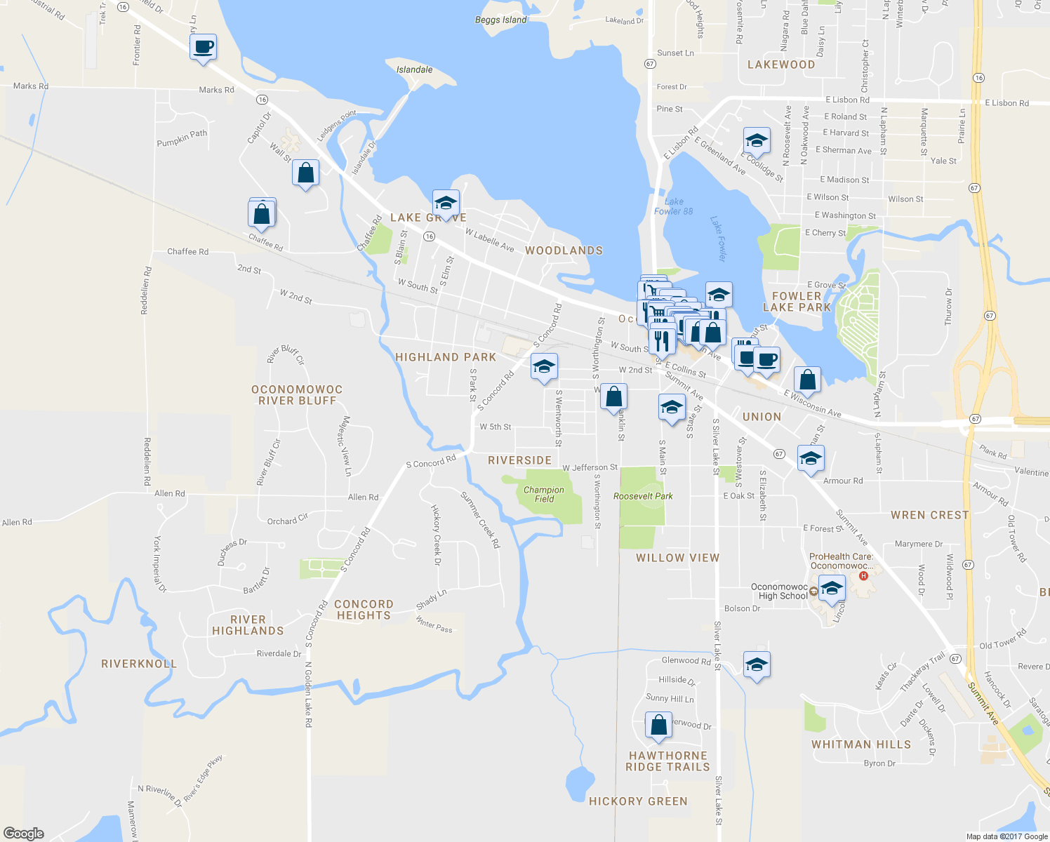 map of restaurants, bars, coffee shops, grocery stores, and more near 450 W 5th St in Oconomowoc