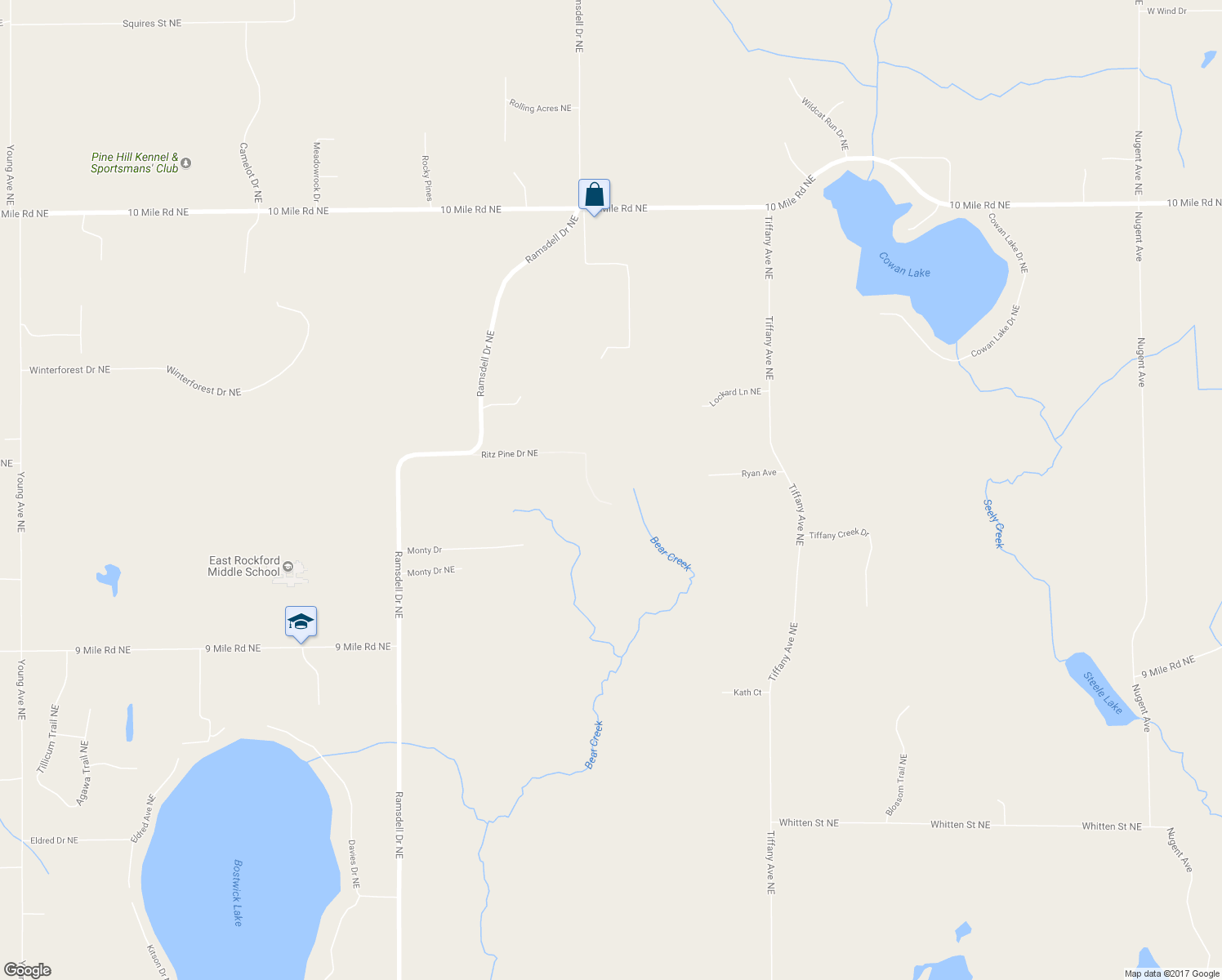 map of restaurants, bars, coffee shops, grocery stores, and more near 8239 Ritz Pine Drive Northeast in Rockford