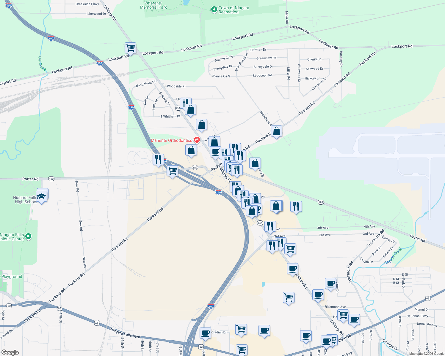 map of restaurants, bars, coffee shops, grocery stores, and more near 2590 Military Rd in Niagara Falls