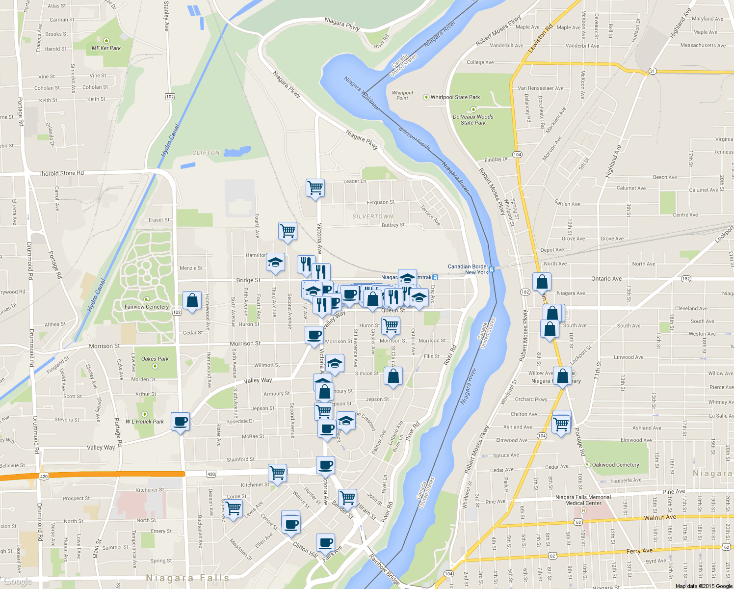 map of restaurants, bars, coffee shops, grocery stores, and more near 4593 Park Street in Niagara Falls