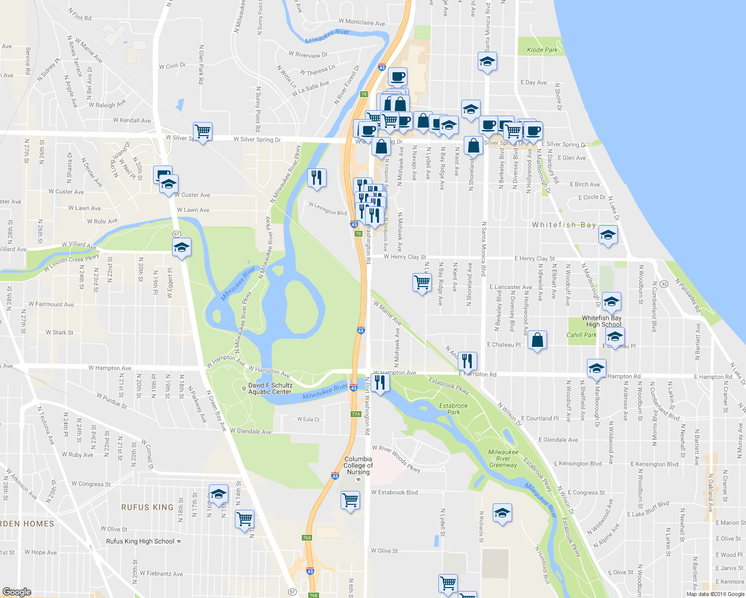 map of restaurants, bars, coffee shops, grocery stores, and more near 5050 North Port Washington Road in Milwaukee