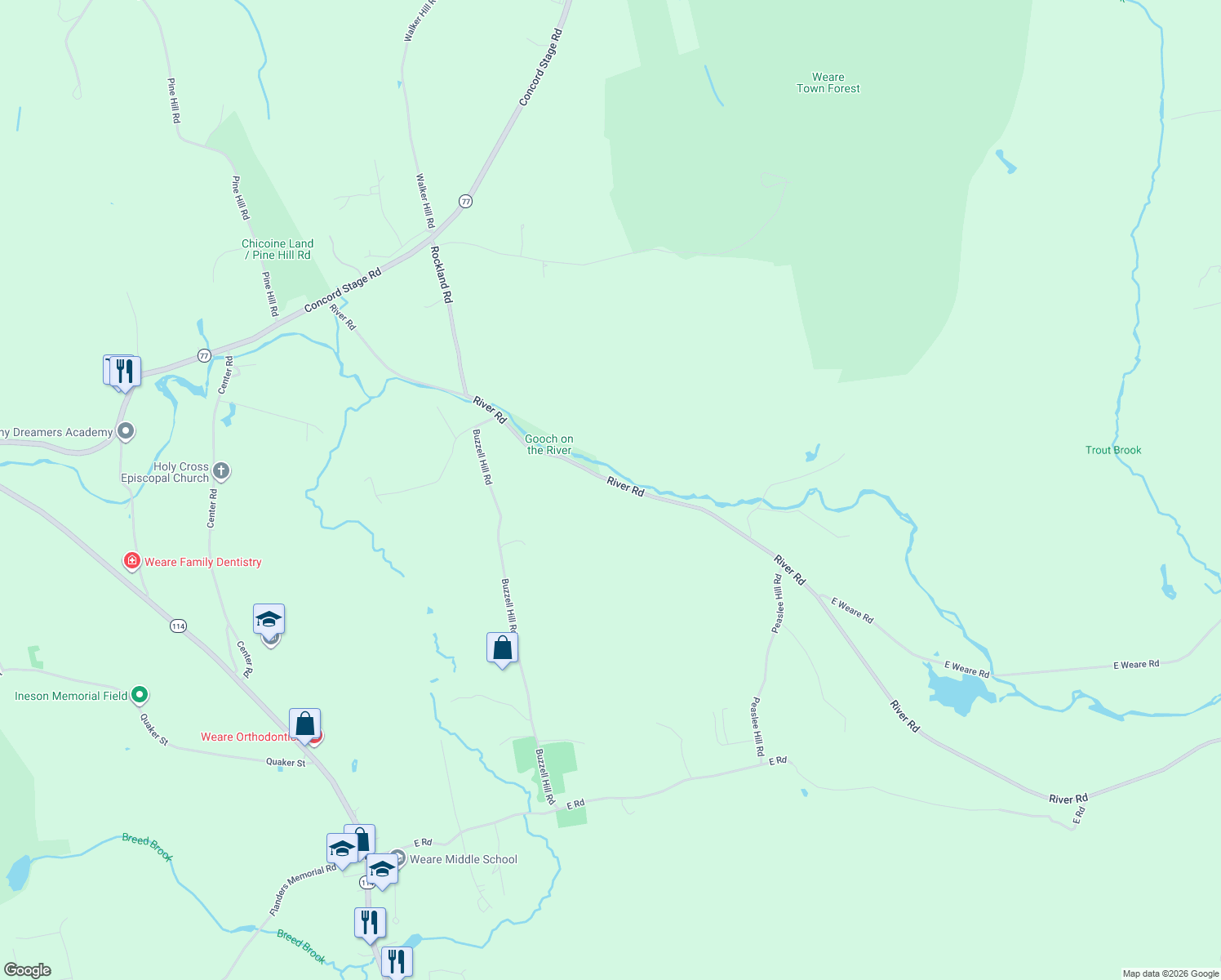 map of restaurants, bars, coffee shops, grocery stores, and more near 1591 River Road in Weare