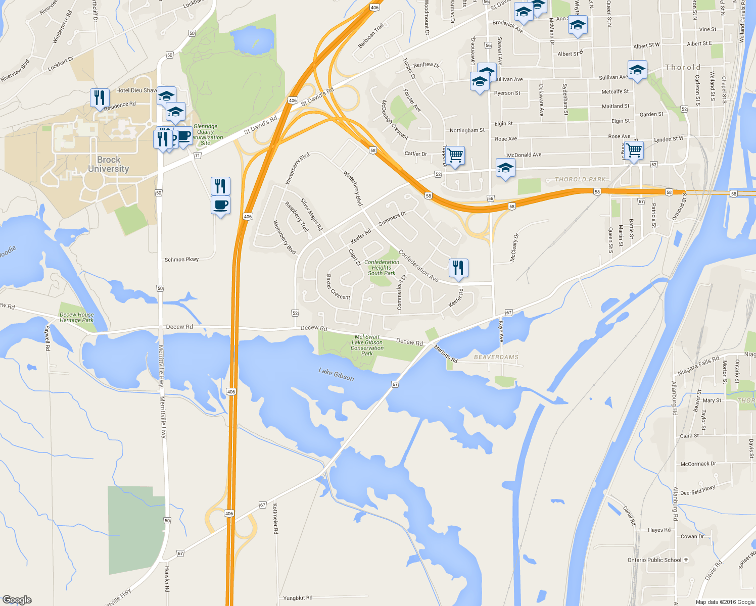 map of restaurants, bars, coffee shops, grocery stores, and more near 26 Tara Crescent in Thorold