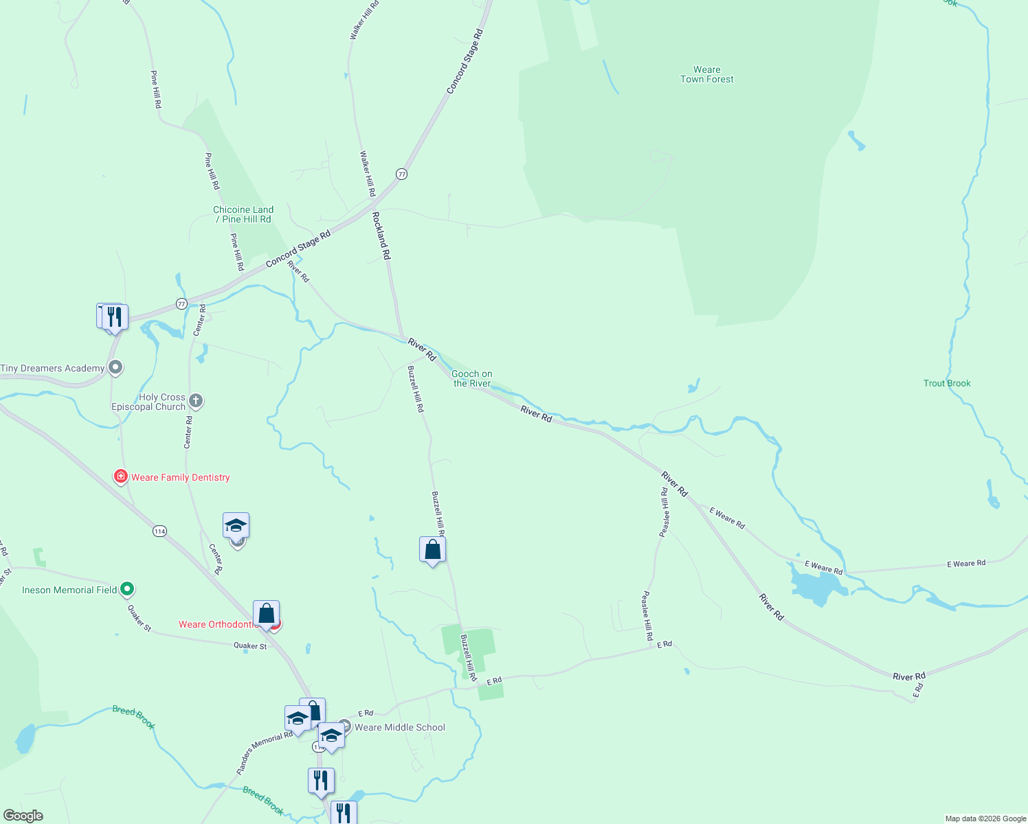 map of restaurants, bars, coffee shops, grocery stores, and more near 1591 River Road in Weare