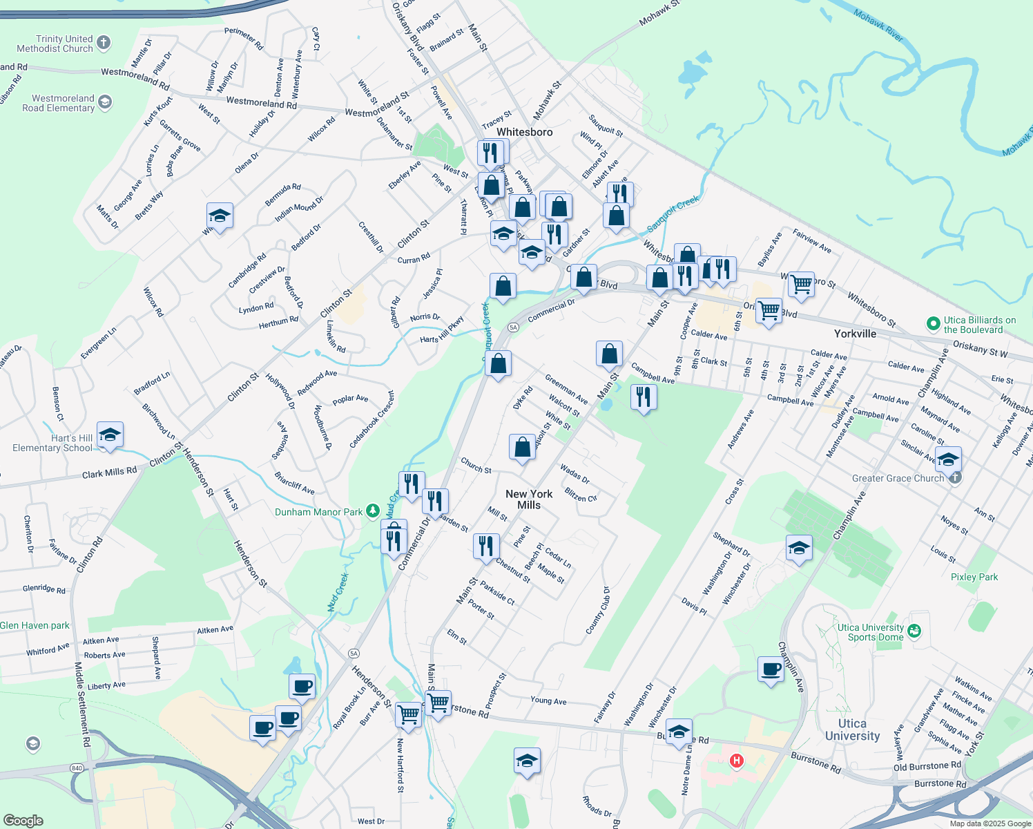 map of restaurants, bars, coffee shops, grocery stores, and more near 98 Dyke Road in New York Mills